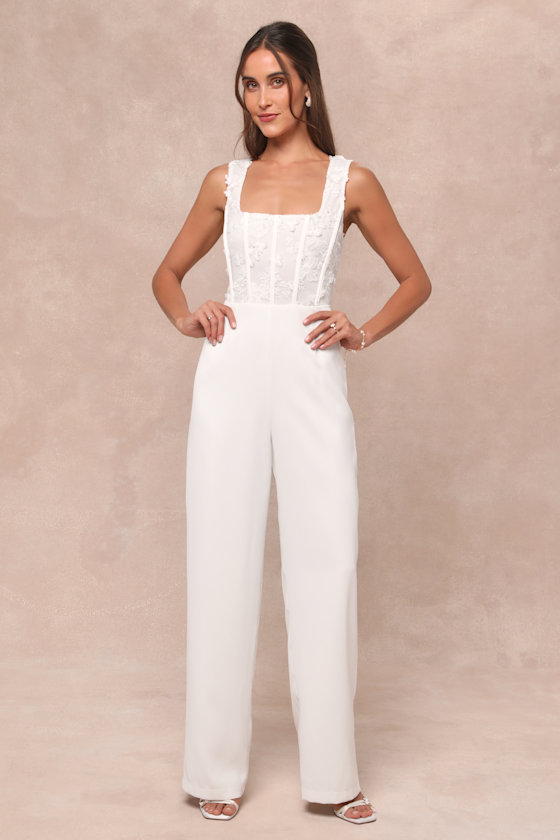 Truly Profound White Mesh 3D Floral Embroidered Bustier Jumpsuit 1