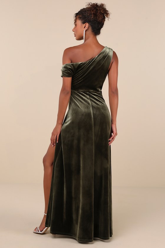 Coveted Confidence Olive Green Velvet Asymmetrical Maxi Dress 3