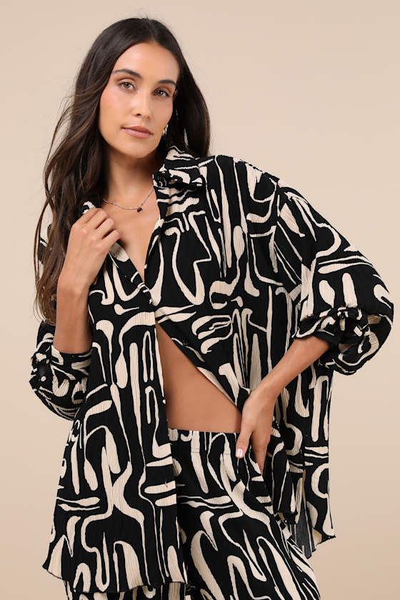 Tia Black and Beige Abstract Print Plisse Button-Up Top 4