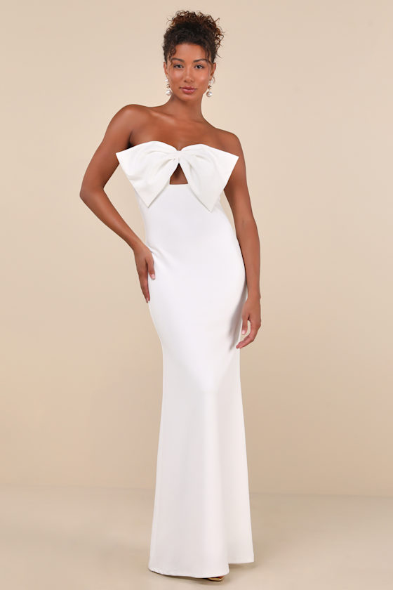 Coveted Glamour White Strapless Bow Mermaid Maxi Dress 1