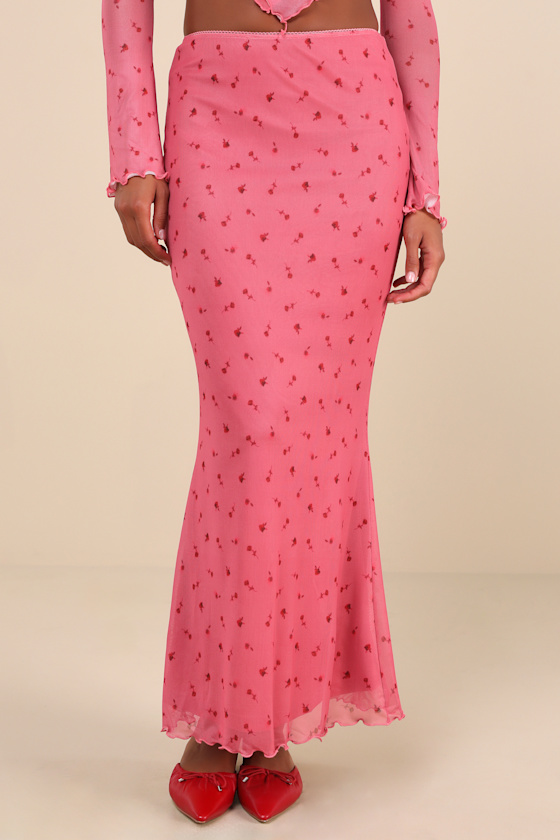 Daisy Street Cutest Appeal Pink Floral Mesh Mid-rise Maxi Skirt In Pink