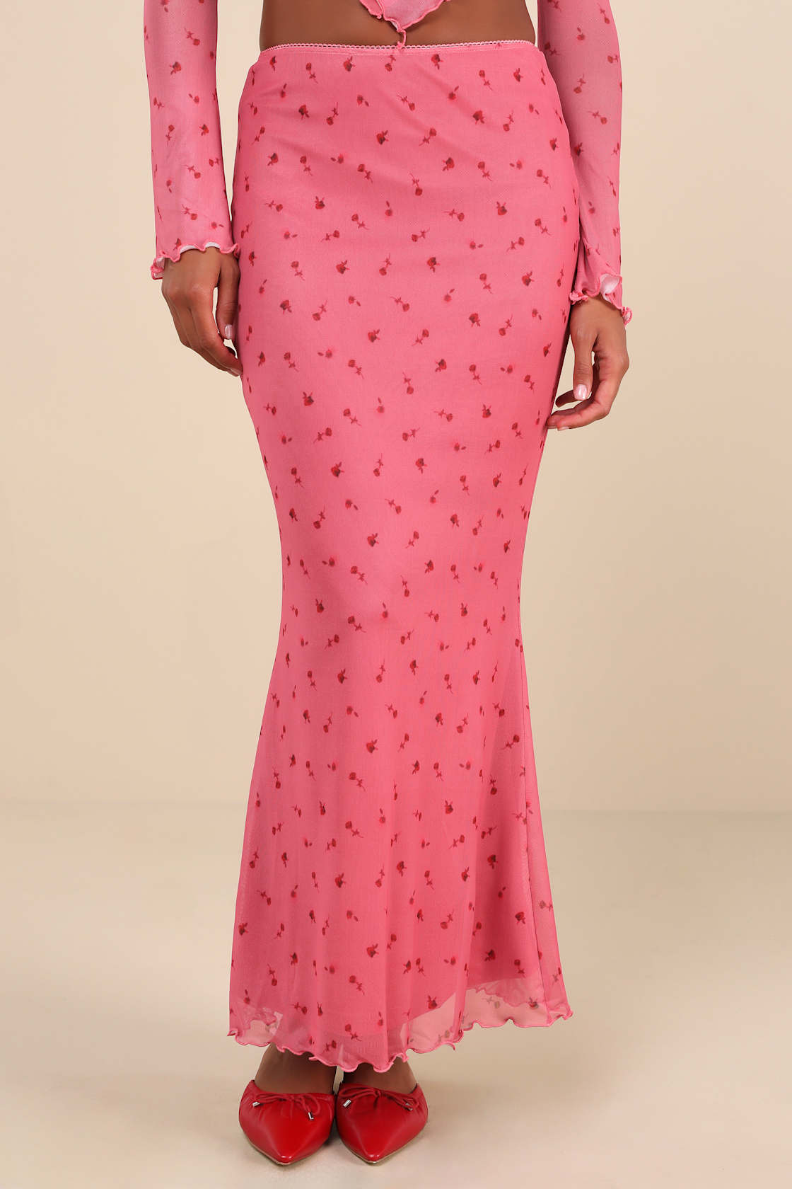Cutest Appeal Pink Floral Mesh Mid-Rise Maxi Skirt