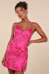 Blissful Blossoms Fuchsia Pink Sequin Backless Mini Dress 1