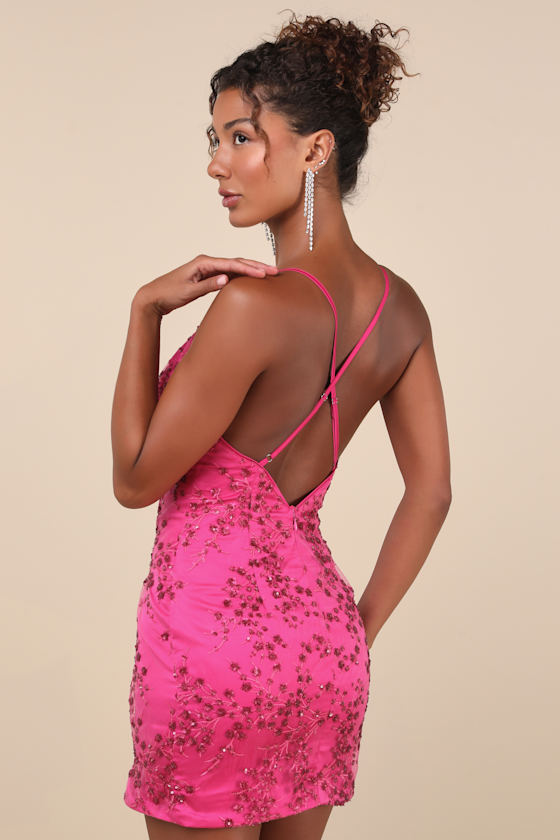 Lulus Blissful Blossoms Fuchsia Pink Sequin Backless Mini Dress In Fuchsia