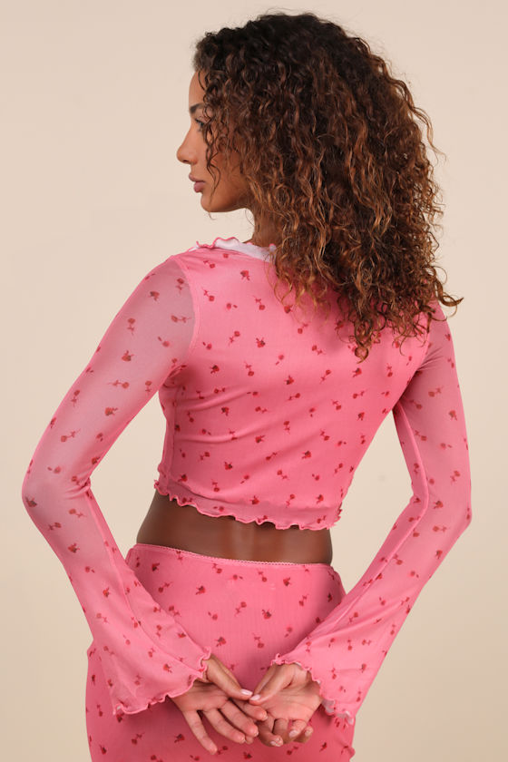 Shop Daisy Street Cutest Appeal Pink Floral Mesh Bow Ruffled Long Sleeve Crop Top
