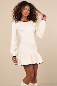 Coziest Poise Ivory Cable Knit Long Sleeve Sweater Mini Dress 1