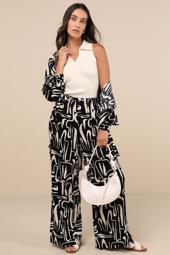 Tia Black and Beige Abstract Print Plisse High-Rise Pants 5