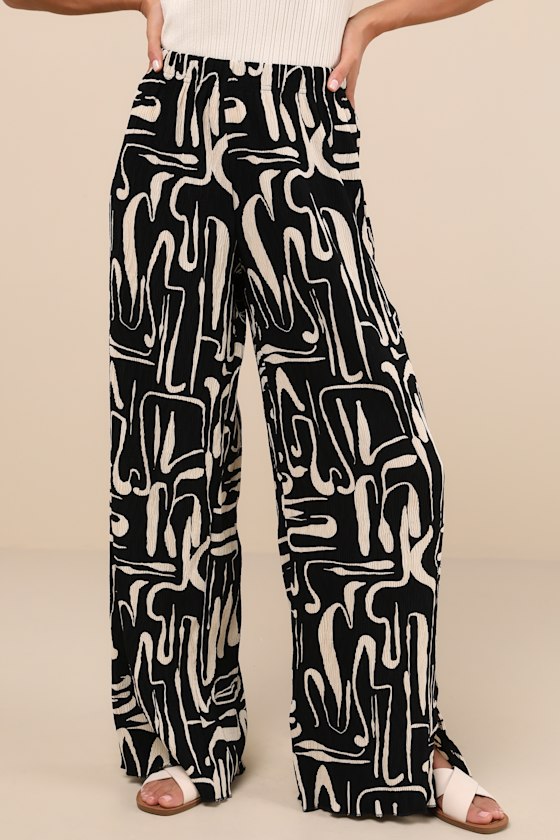 Tia Black and Beige Abstract Print Plisse High-Rise Pants 4