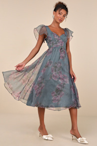 Mesmerizing Mood Slate Floral Organza Ruffled A-Line Midi Dress