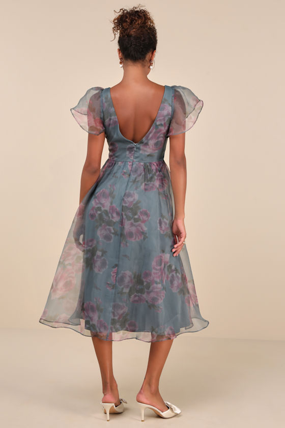 Shop Lulus Mesmerizing Mood Slate Floral Organza Ruffled A-line Midi Dress In Grey