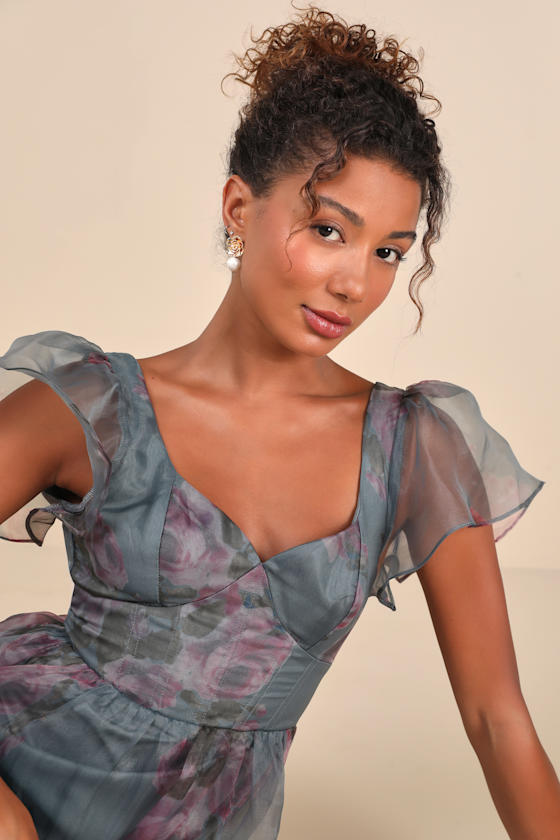 Shop Lulus Mesmerizing Mood Slate Floral Organza Ruffled A-line Midi Dress In Grey