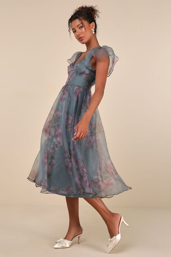 Shop Lulus Mesmerizing Mood Slate Floral Organza Ruffled A-line Midi Dress In Grey