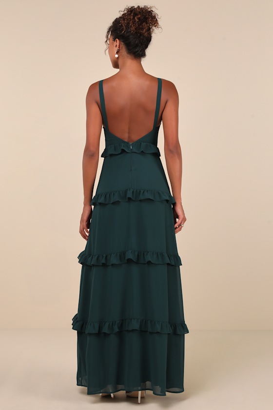 Lulus Sincerely Poised Emerald Backless Bustier Tiered Maxi Dress In Green