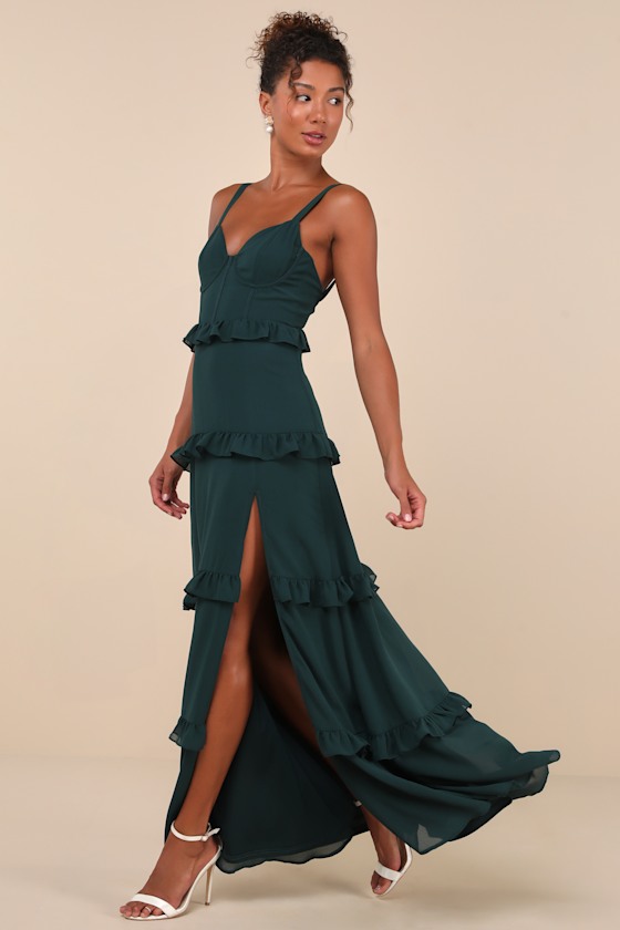 Lulus Sincerely Poised Emerald Backless Bustier Tiered Maxi Dress In Green