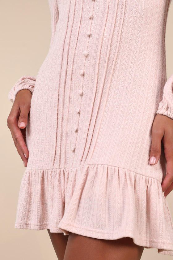 Lulus Coveted Sweetness Blush Pointelle Knit Long Sleeve Mini Dress In Pink