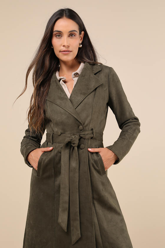 Chic Calling Olive Green Suede Trench Coat 4