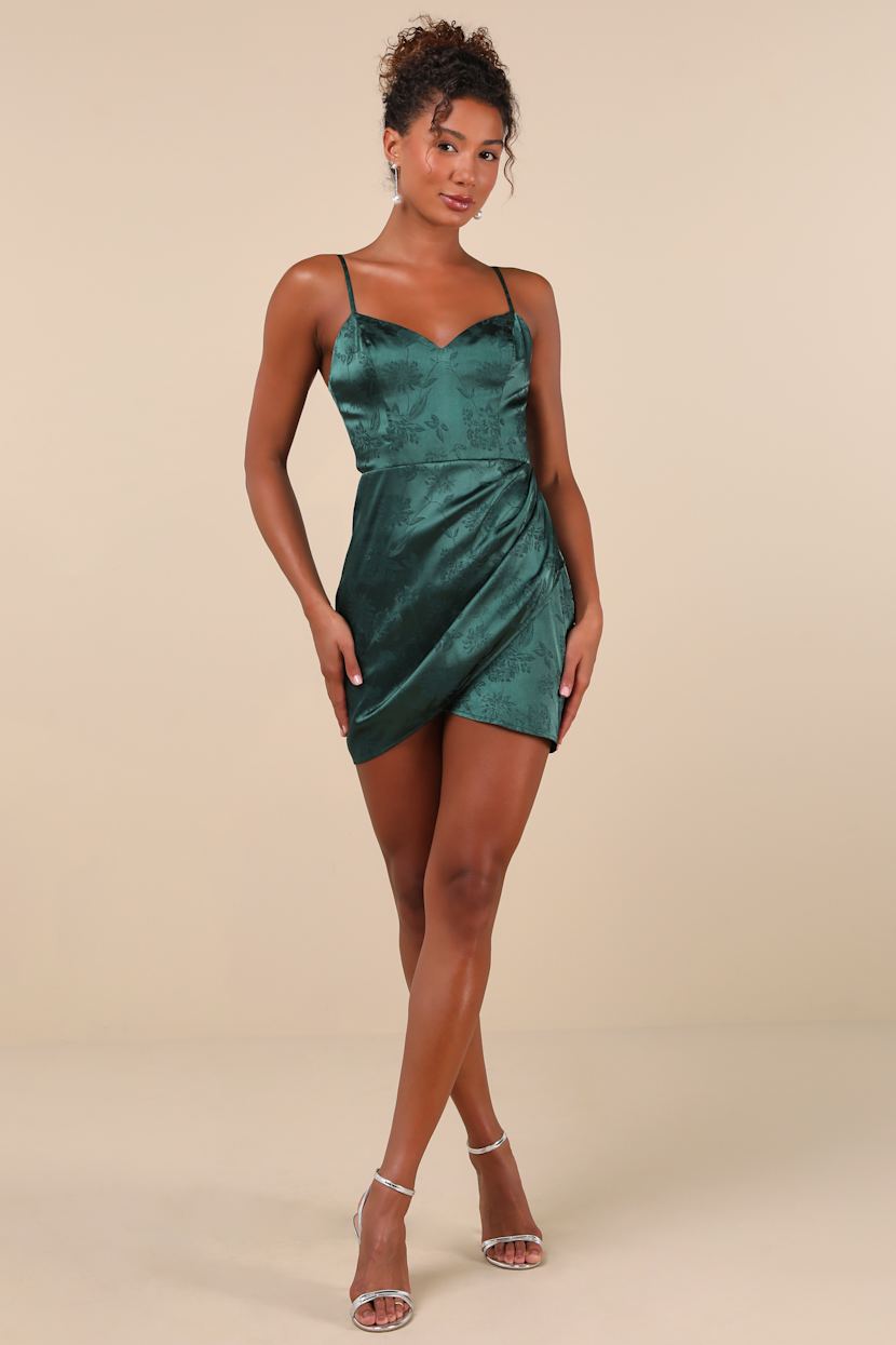Emerald Green Dress - Satin Jacquard Dress - Tulip Mini Dress - Lulus