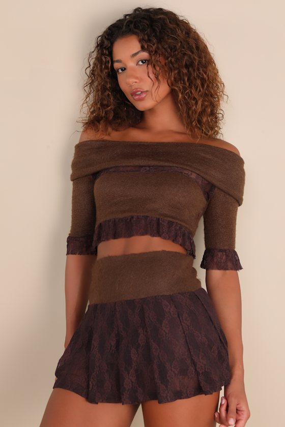 ZEMETA GIVE ME ONE SEC BROWN FUZZY LACE MINI SKIRT