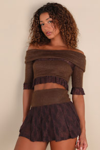 Give Me One Sec Brown Fuzzy Lace Mini Skirt 1