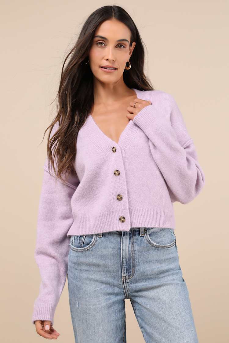 Purple Cropped Cardigan Knitted Cardigan Lilac Crop Cardigan Cable