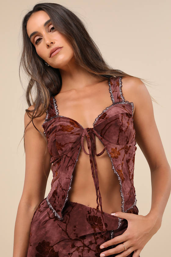 Devore Dark Pink Mesh Velvet Floral Tie-Front Cropped Tank Top 1