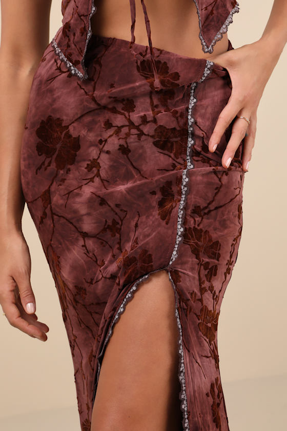 Devore Dark Pink Mesh Velvet Floral Lace Maxi Skirt 1