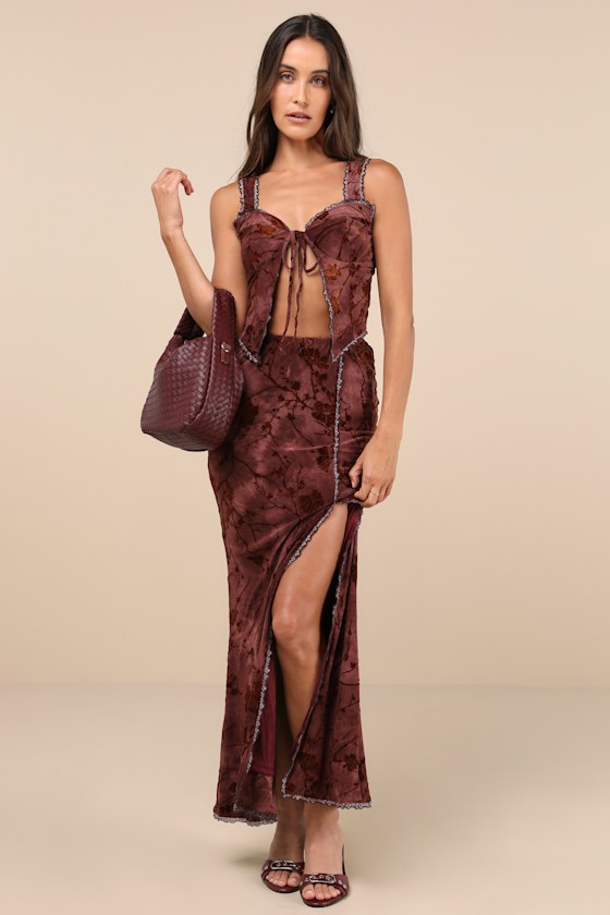 Devore Dark Pink Mesh Velvet Floral Lace Maxi Skirt 2