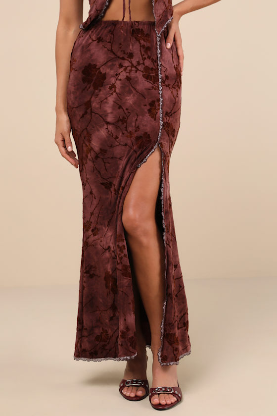 Daisy Street Devore Dark Pink Mesh Velvet Floral Lace Maxi Skirt In Pink