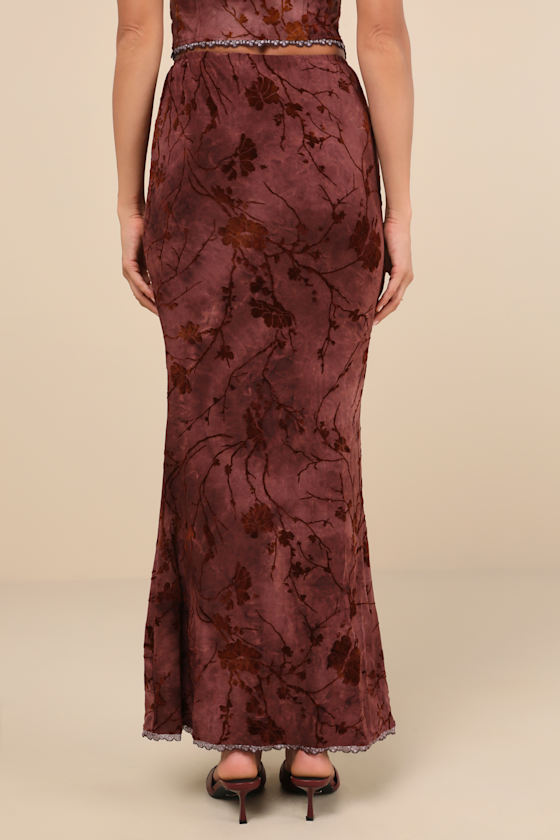 Daisy Street Devore Dark Pink Mesh Velvet Floral Lace Maxi Skirt In Pink