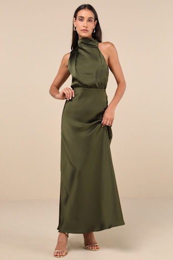 Distinctive Charm Olive Green Satin Asymmetrical Maxi Dress 2