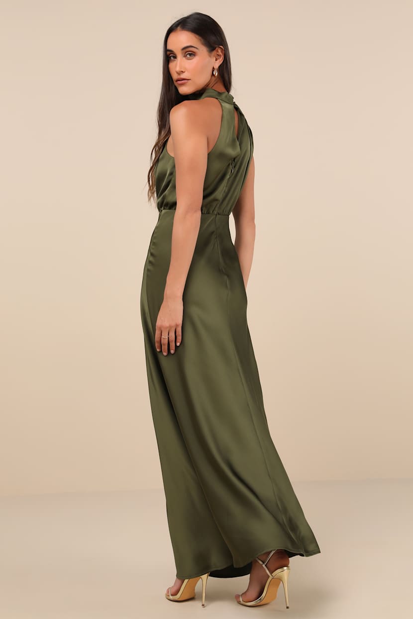 Olive Green Satin Asymmetrical Maxi Dress | Womens | X-Small (Available in 3X, 2X, 1X, M, L) | 100% Polyester | Lulus | Holiday Dresses | Prom