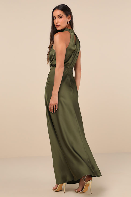 Distinctive Charm Olive Green Satin Asymmetrical Maxi Dress 3