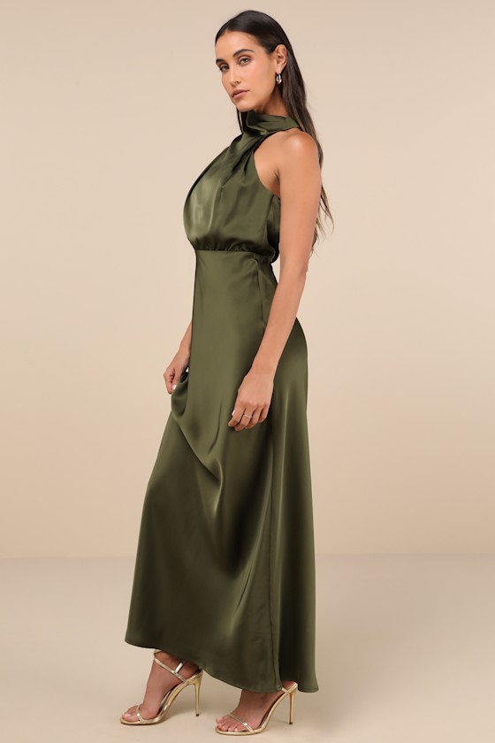 Lulus Distinctive Charm Olive Green Satin Asymmetrical Midi Dress In Olive Green
