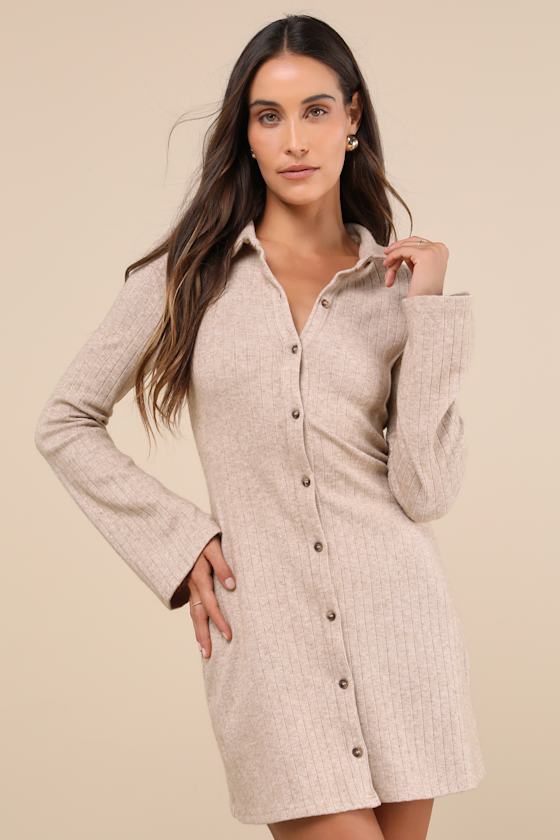 Lulus Cuddly Sweetness Heather Beige Button-front Sweater Mini Dress In Beige