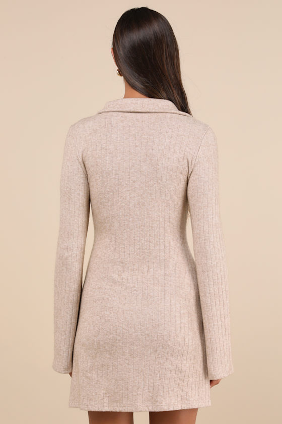 Lulus Cuddly Sweetness Heather Beige Button-front Sweater Mini Dress In Beige