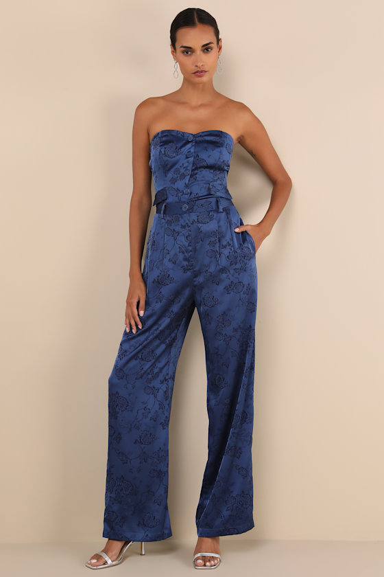 Lulus Sleek Refinement Navy Satin Jacquard High-rise Trouser Pants In Navy