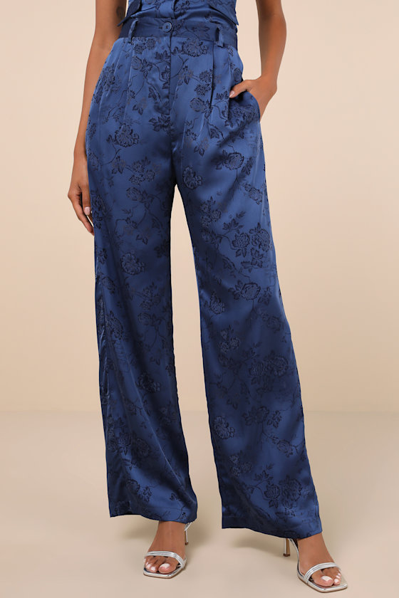 Sleek Refinement Navy Satin Jacquard High-Rise Trouser Pants 1