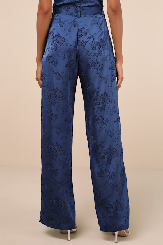 Lulus Sleek Refinement Navy Satin Jacquard High-rise Trouser Pants In Navy