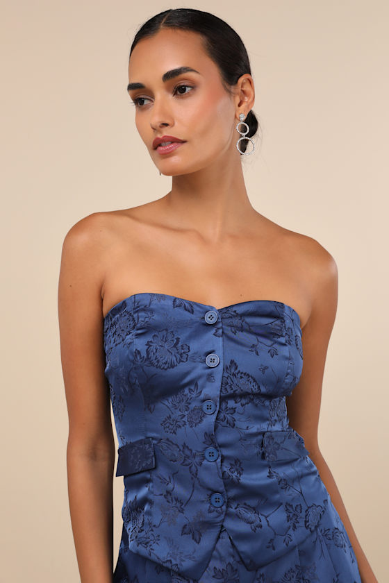 LULUS SLEEK REFINEMENT NAVY SATIN JACQUARD STRAPLESS BUTTON-UP TOP