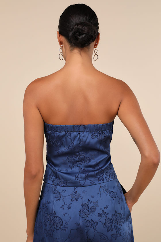 LULUS SLEEK REFINEMENT NAVY SATIN JACQUARD STRAPLESS BUTTON-UP TOP