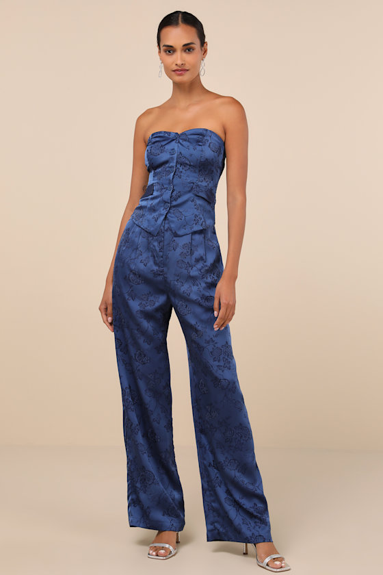 LULUS SLEEK REFINEMENT NAVY SATIN JACQUARD STRAPLESS BUTTON-UP TOP