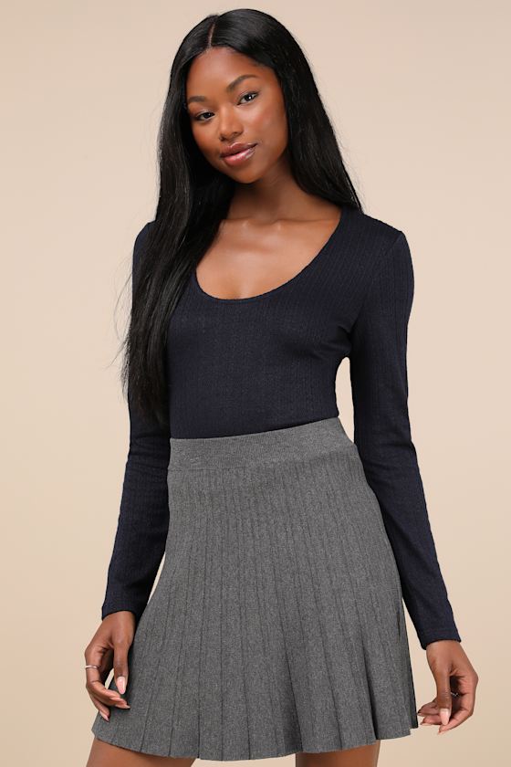 Lulus Simple Adoration Navy Pointelle Scoop Neck Long Sleeve Top In Navy