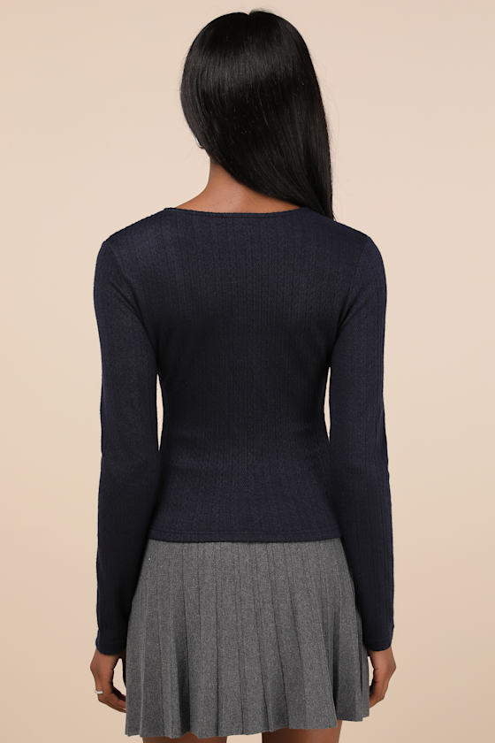 Lulus Simple Adoration Navy Pointelle Scoop Neck Long Sleeve Top In Navy