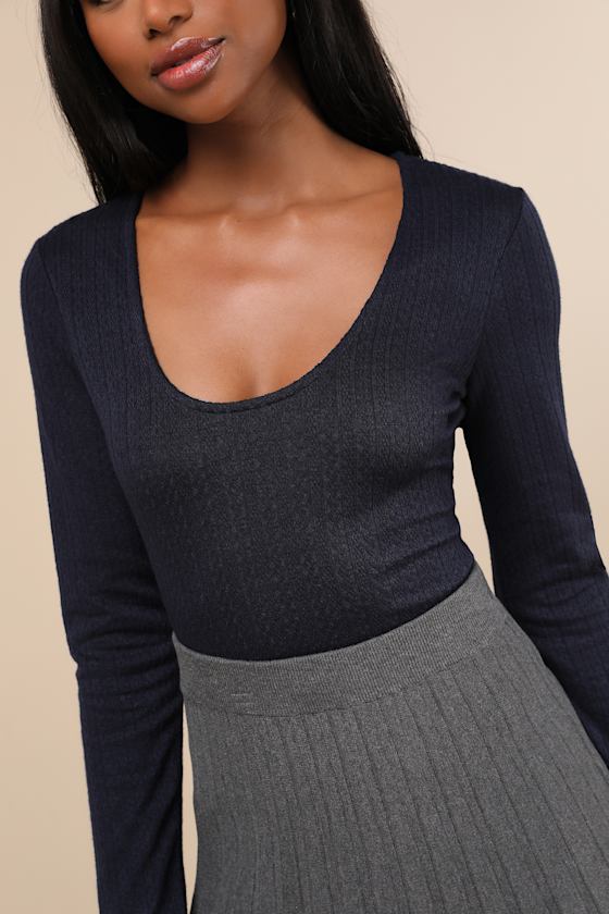 Lulus Simple Adoration Navy Pointelle Scoop Neck Long Sleeve Top In Navy