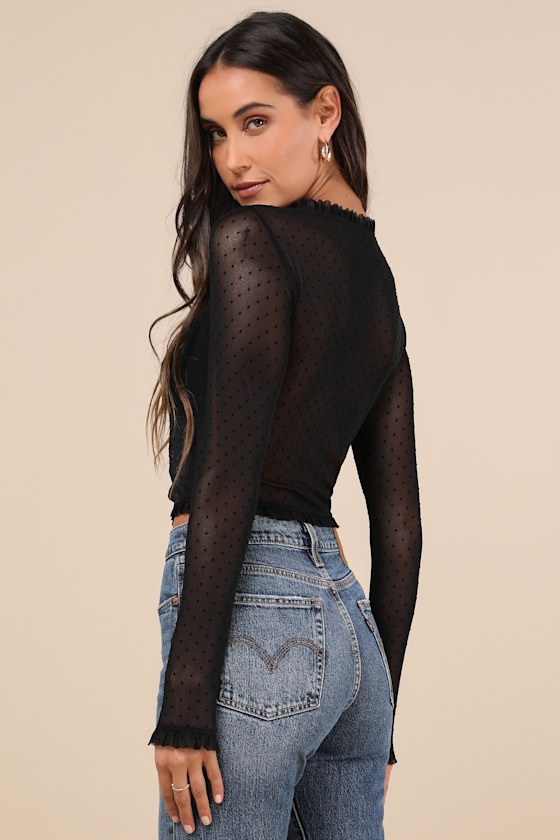 Lulus Sultry Approach Black Mesh Swiss Dot Bustier Long Sleeve Top In Black