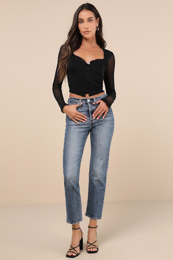 Lulus Sultry Approach Black Mesh Swiss Dot Bustier Long Sleeve Top In Black