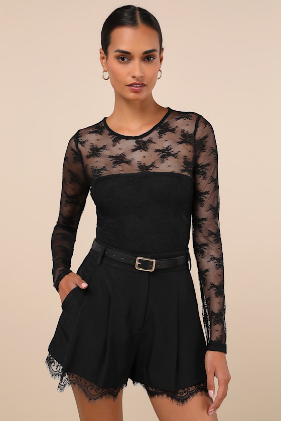 Sheer-ly Sweet Black Sheer Lace Crew Neck Long Sleeve Bodysuit 4