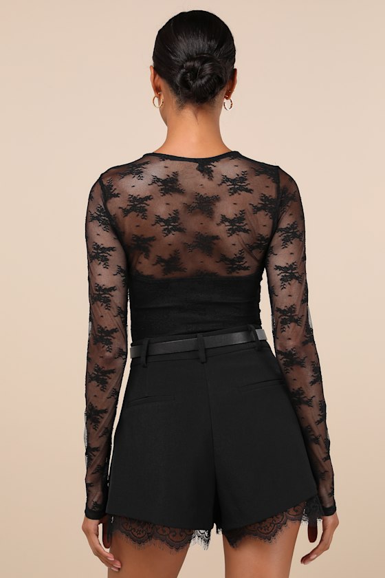 Sheer-ly Sweet Black Sheer Lace Crew Neck Long Sleeve Bodysuit 5