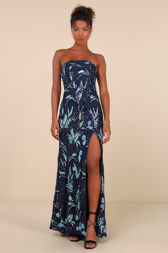 Image of Shimmering Icon Navy Sequin Lace-Up Strapless Maxi Dress