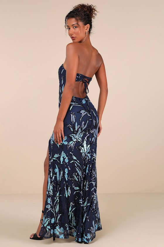 Lulus Shimmering Icon Navy Sequin Lace-up Strapless Maxi Dress In Navy